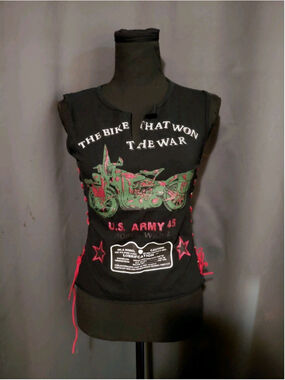 The Bike That Won The War Biker Motorcycle Harley US Army Upcycle Lace Up Top
